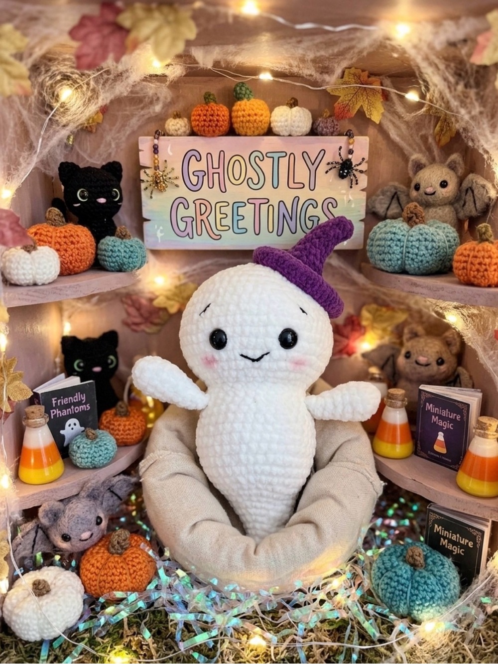 Crocheted 🧶 Plush Ghost 👻 with Purple Hat